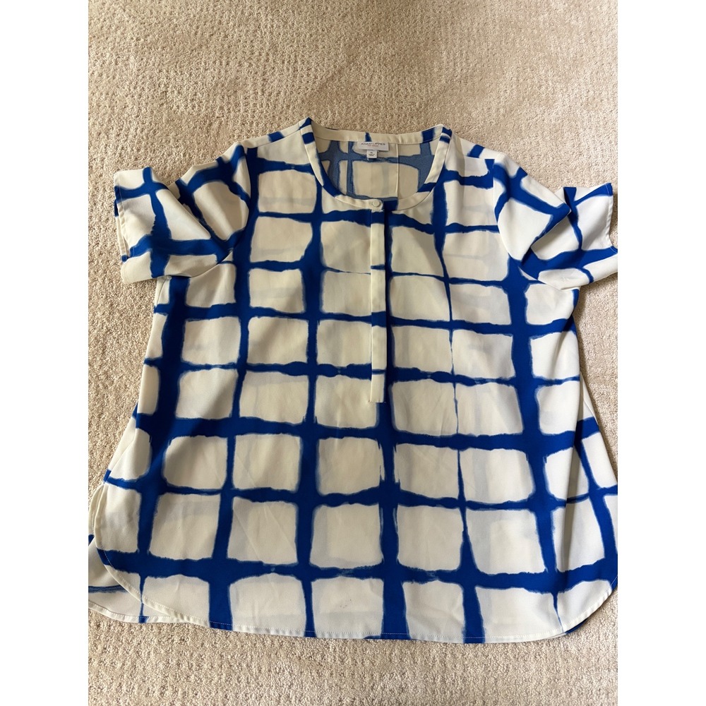 Adam Lippes for Target Womens XL Blue White Grid Print Short Sleeve Blouse Top